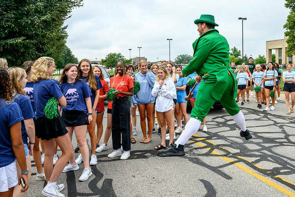The Notre Dame Leprechaun greets first year students, Welcome Weekend 2022.
